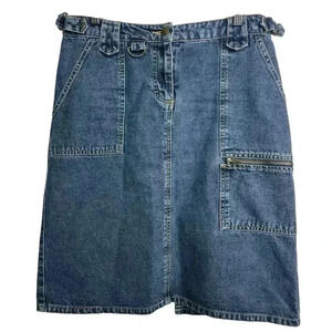 Vintage Faded Glory Womens Midi Medium Wash Denim Skirt Cargo Pockets Size 6